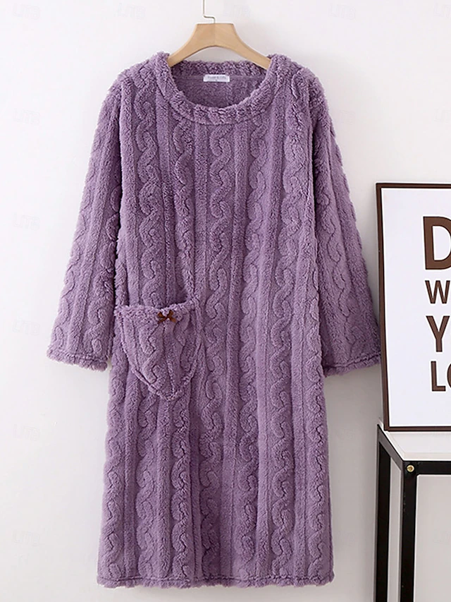 Women's Pajamas Nightgown Pure Color Simple Comfort Comfrt Home Fleece Crew Neck Spring Fall Home Outfits 11