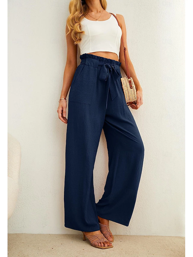 Women's Wide Leg Casual Pants with Pocket, Lightweight high Waist, Adjustable lace up Knot 10