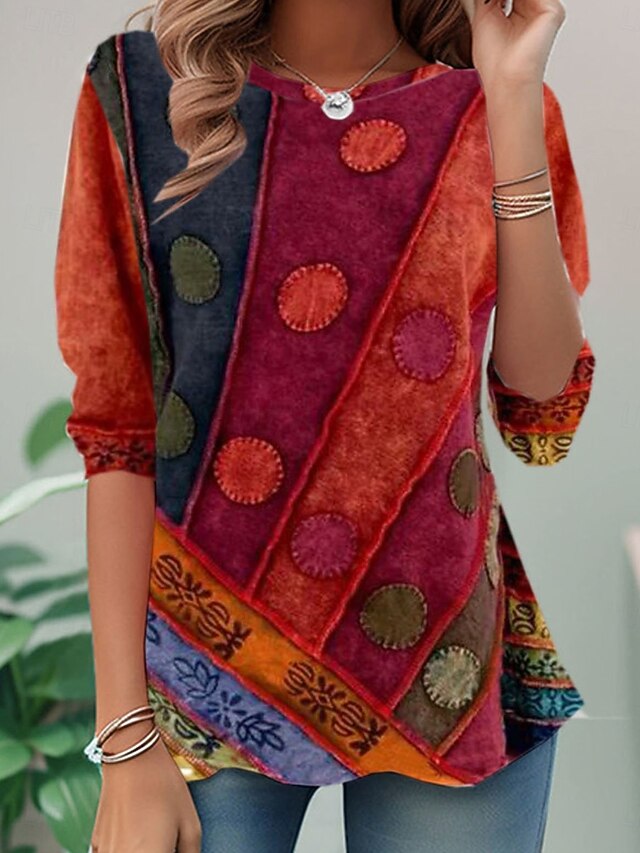 Women's T shirt Long Sleeve Casual Print Regular Tops Daily Red Spring Fall Prefall4