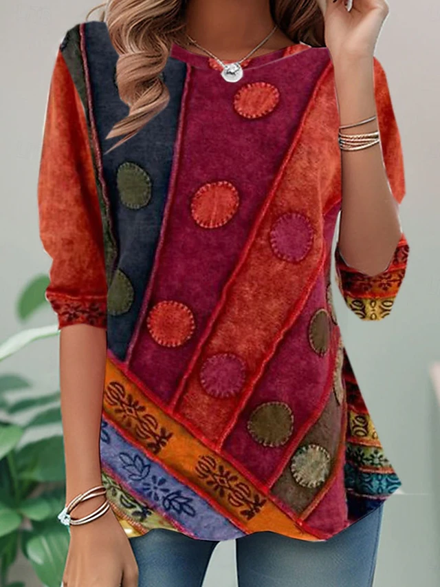 Women's T shirt Long Sleeve Casual Print Regular Tops Daily Red Spring Fall Prefall4