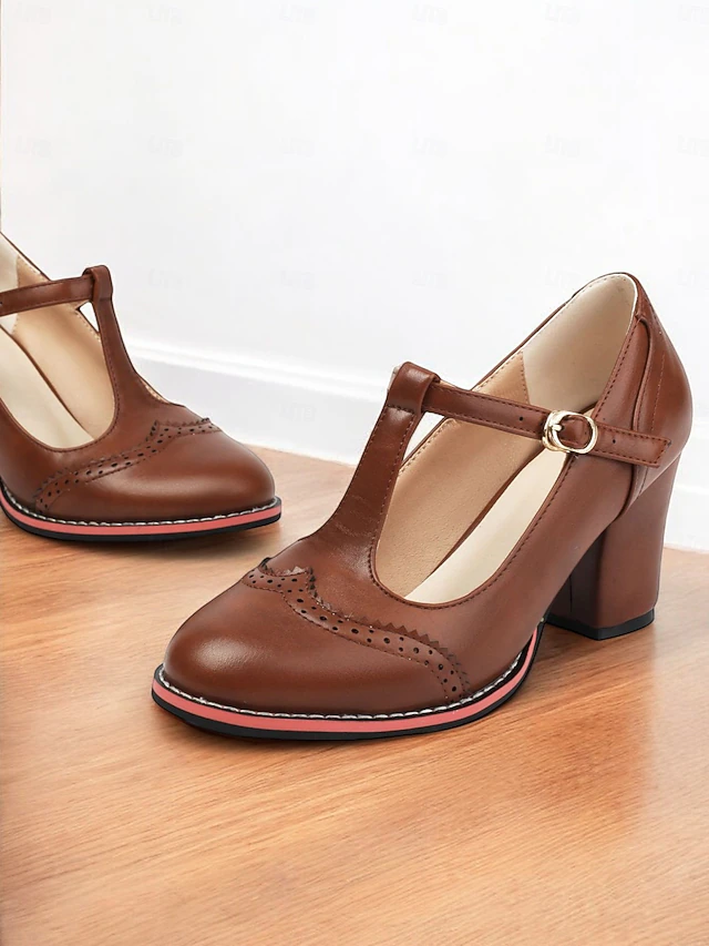 Women's Vintage Brown T-Strap Mary Jane Pumps with Brogue Detailing – Chunky Heels for Office, Retro Fashion, and Casual Events 9