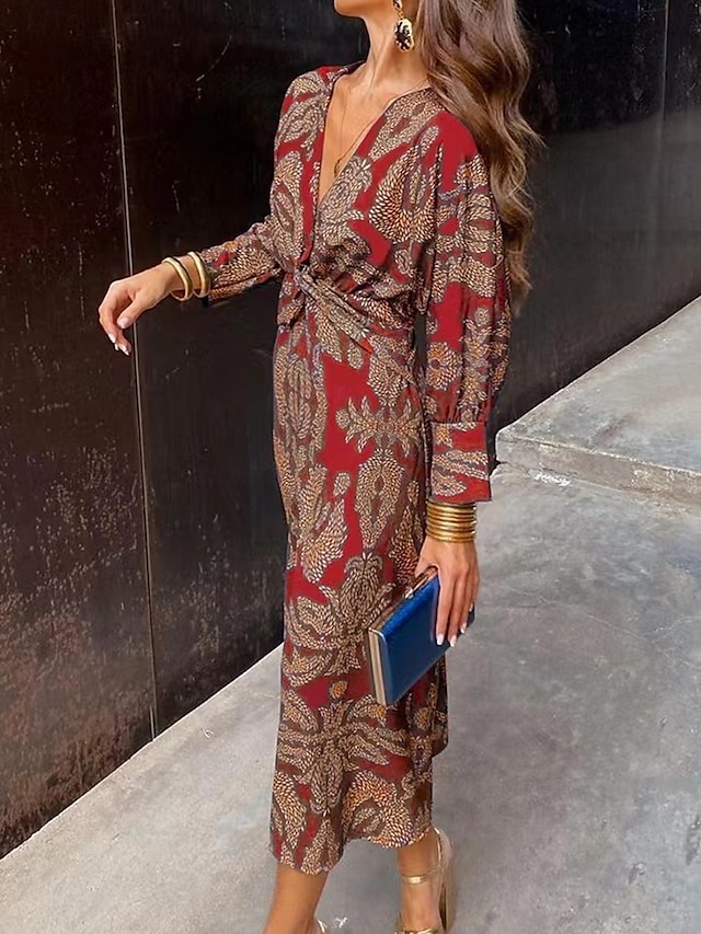  Pentru femei Rochie Maxi Rochie de epoca Rochie casual Casual Zilnic Potrivire Largă Grafic Manșon Lung În V Roșu-aprins Albastru piscină Mov Trifoi Primăvară Toamnă
