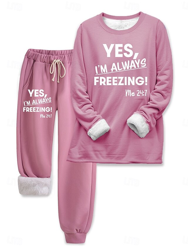Women's 2 Pieces Sweatshirt Tracksuits Loungewear Set Pyjamas Fleece Fluffy Long Sleeve Top and Pant Text Print Comfort Casual Home Wear Drawstring Solid Cozy Winter4