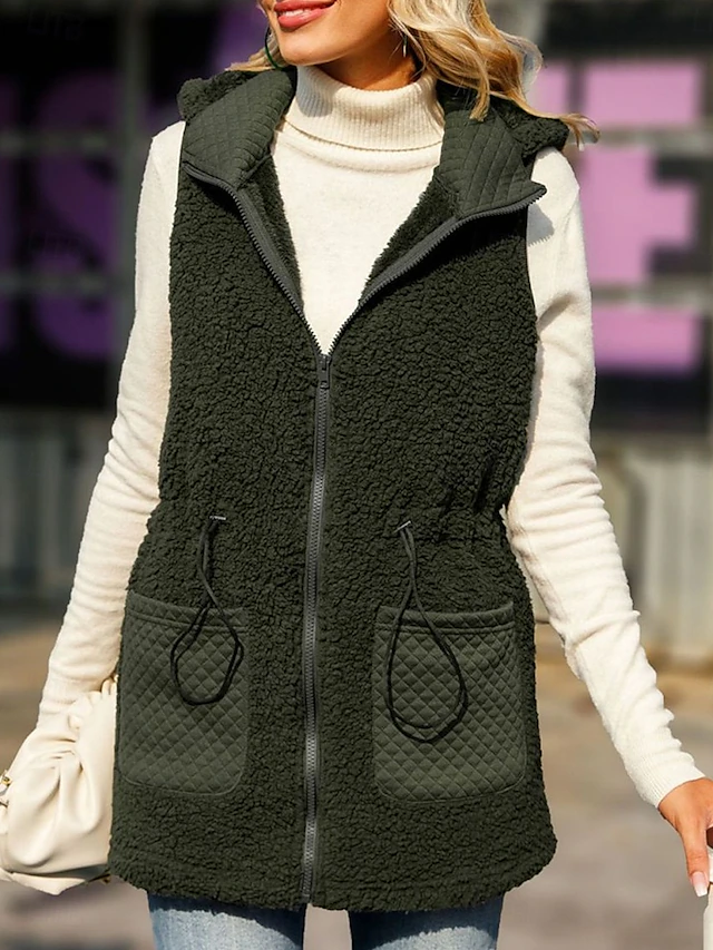 Women's Fleece Vest Teddy Coat Warm Breathable Zipper Pocket Fleece Lined Casual Plain Vacation Street Daily Wear Going out Zipper Regular Hoodie Regular Fit Sleeveless Outerwear Army Green Fall 7