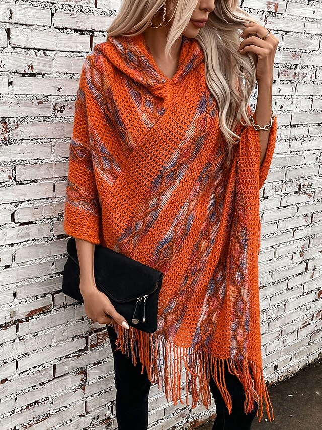 Women's Cape Casual Striped V Neck Hooded Tassel Sleeveless Long Tops Knit Formal Outdoor Going out Red Brown White Fall Winter 8