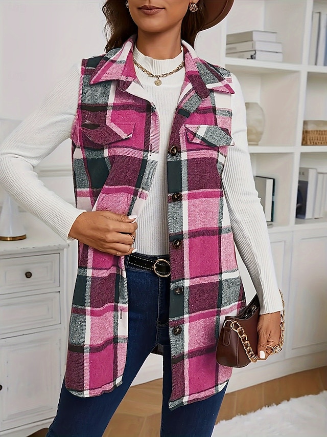  Dam Väst Vardag Knapp Rutig Bekväm Stylish Normal Ytterkläder Långärmad Höst Rodnande Rosa S
