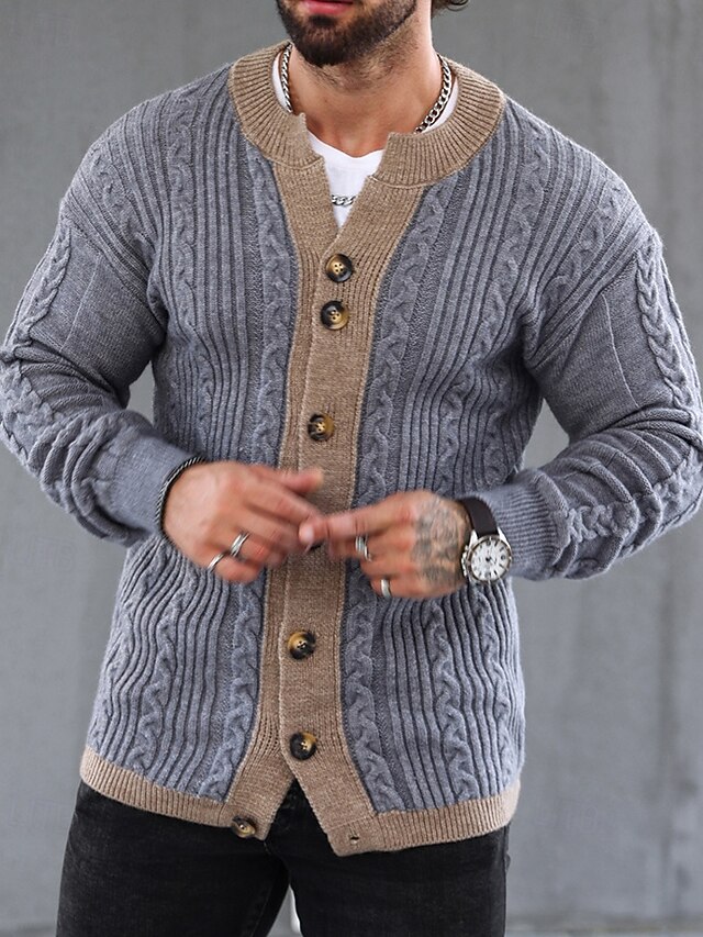 Men's Cropped Sweater Cardigan Sweater Knit Sweater Ribbed Knit Regular Patchwork Side Pockets Color Block V Neck Fashion Classic Daily Wear Date Clothing Apparel Fall & Winter Gray M L XL 7