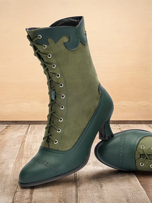  női viktoriánus vintage zöld fűzős csizma csipkés szegéllyel és brogue részletekkel - elegáns magas sarkú cipő cosplay, steampunk és retro ruhákhoz