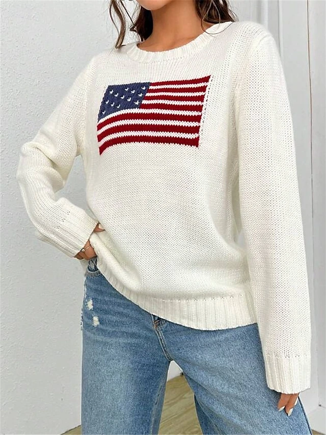 Women's Sweater Daily Stylish Casual Graphic Crew Neck Crewneck Long Sleeve Regular Tops Knit Going out Black White Fall Winter 11