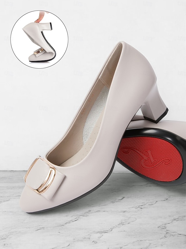  Women's Beige Low Block Heel Pumps with Gold Buckle and Flexible Sole – Comfortable Slip-On Shoes for Office and Formal Wear