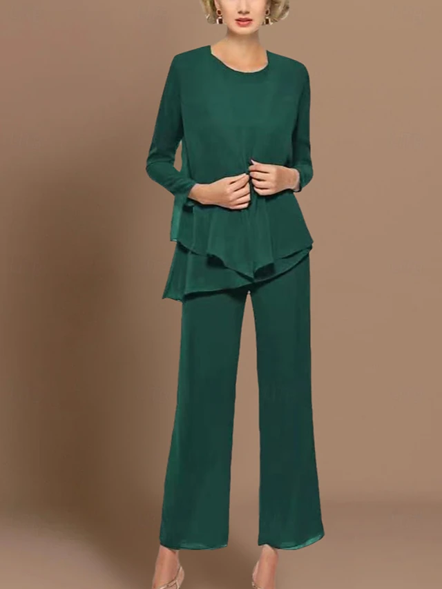 Pantsuit 3 Piece Mother of the Bride Wedding Guest Elegant Vintage Scoop Neck Ankle Length Chiffon Long Sleeve Wrap with Ruffles Solid Color 5