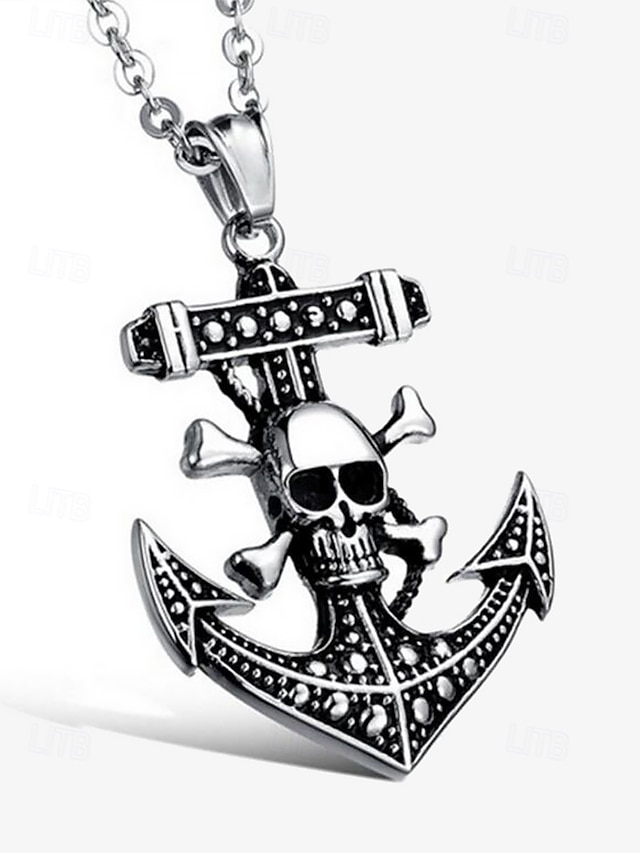  colar masculino com pingente de caveira gótica e âncora – corrente de aço inoxidável com tema pirata vintage para estilos de motociclista, punk e halloween