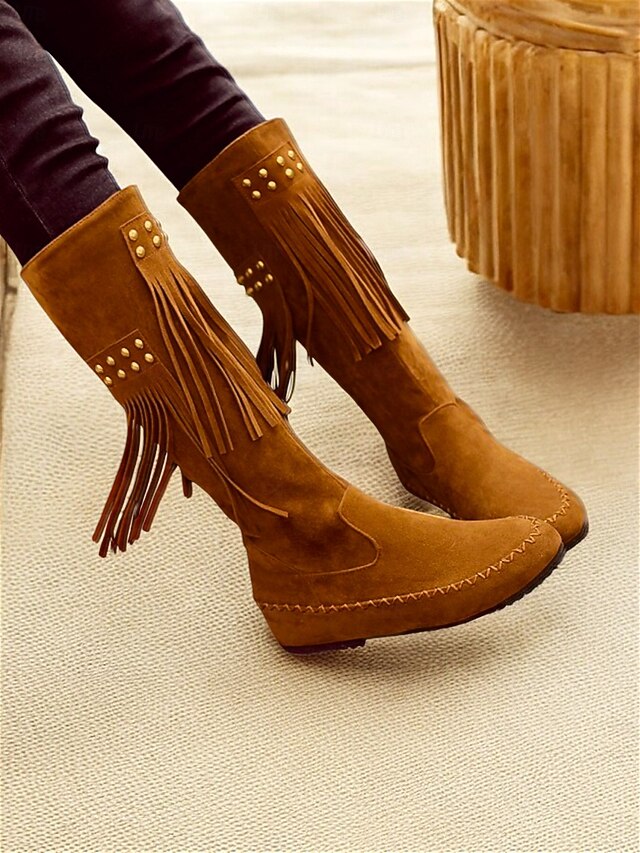 Women's Faux Suede Fringe Boots with Studded Details – Retro Western Style Knee-High Moccasin Boots for Casual or Festival Wear 7