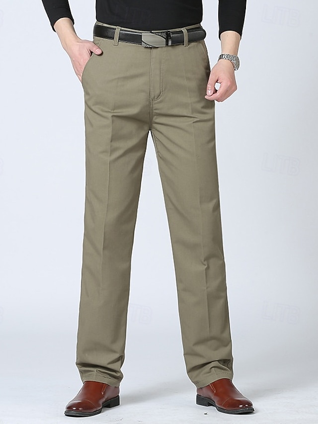  Men's Dress Pants Trousers Chinos Buttons Pocket Plain Comfort Formal Party Work Fashion Classic Style Black Army Green Micro-elastic