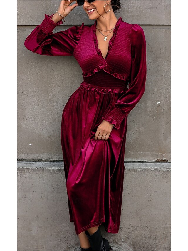Women's Maxi Dress Velvet Burgundy Long Sleeve V-Neck Elastic Waist Bohemian Evening Party Fall Winter Clothing Apparel Elegant4