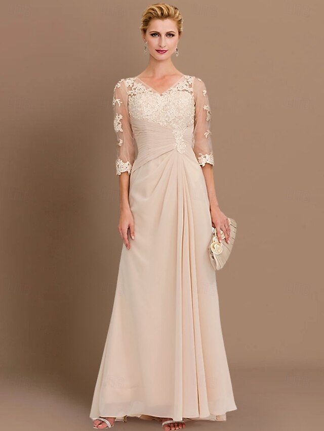 Beach Wedding A-Line Mother of the Bride Dress Wedding Guest Elegant Plus Size See Through V Neck Floor Length Chiffon Half Sleeve with Appliques Side Draping 26