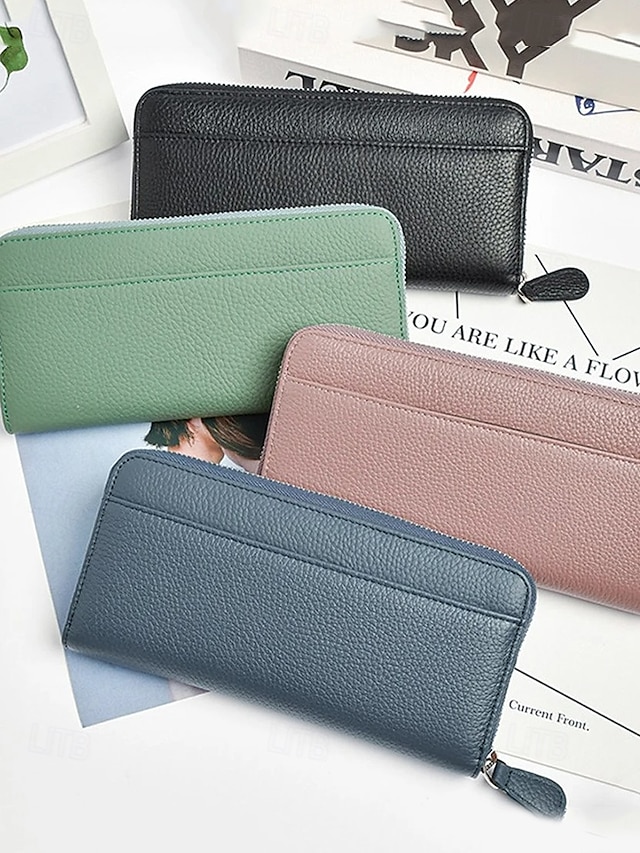  Women's Wallet Credit Card Holder Wallet Leather Cowhide Outdoor Office Shopping Zipper Multiple pockets Large Capacity RFID Blocking Solid Color Black Pink Blue