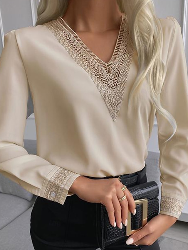  Mulheres Camisa Social Blusa Côr Sólida à moda Moderno Manga Longa Decote V Trabalho Renda Preto Branco Azul Cáqui Primavera Outono Inverno