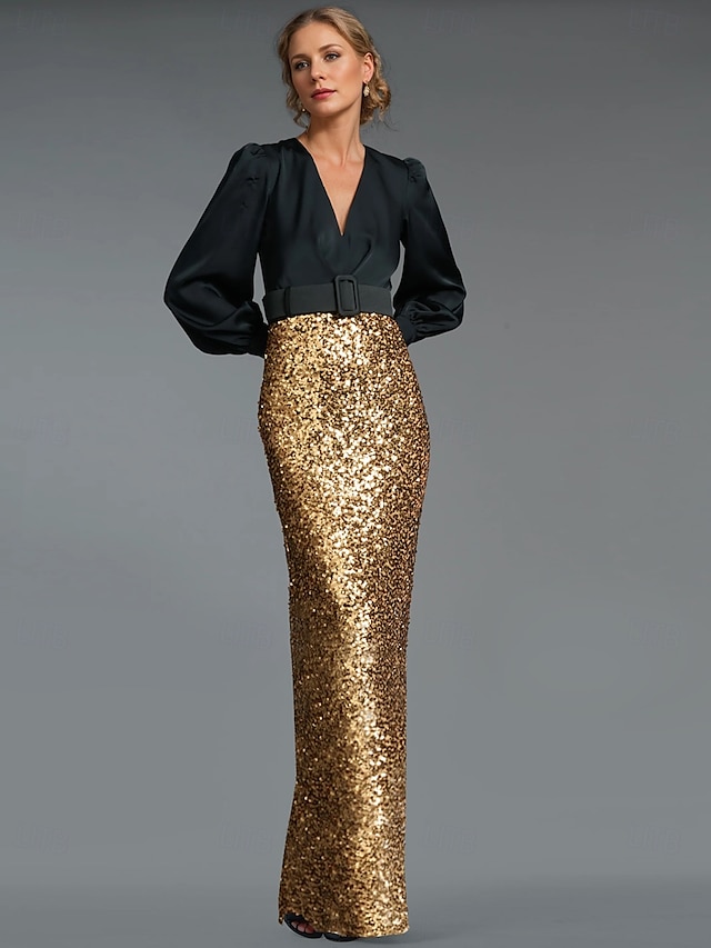  Schwarzes und goldenes/paillettenbesetztes Meerjungfrau-Abendkleid, elegantes Kleid, bodenlang, lange Ärmel, V-Ausschnitt, Gürtel/Schärpe mit Schlitz, 2025