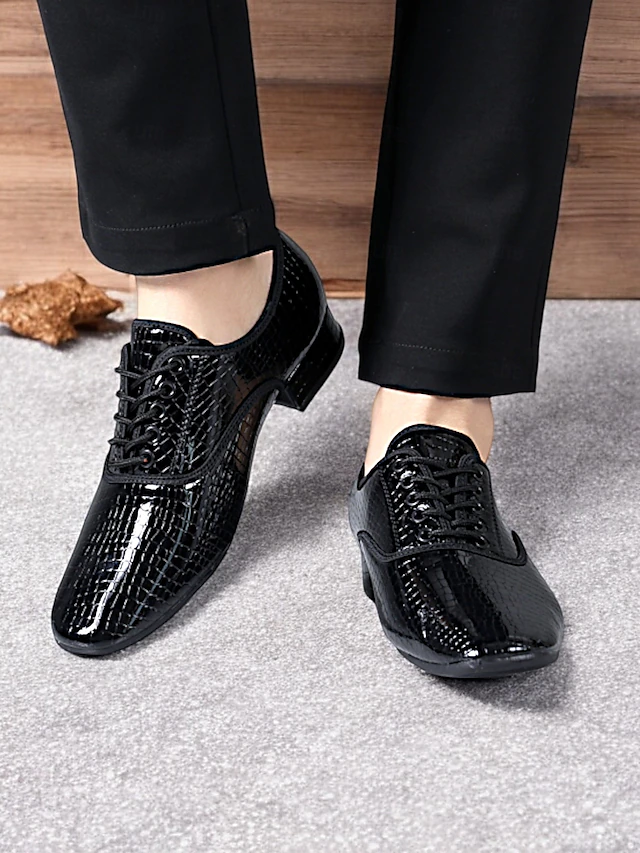 Men's Black Crocodile Pattern Lace-Up Dance Shoes with Glossy Finish, Perfect for Ballroom and Latin Dance Performances 11