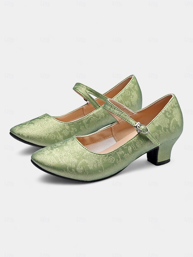 Women's Vintage Green Mary Jane Dance Shoes with Jacquard Floral Pattern and Block Heel, Perfect for Ballroom, Latin, and Formal Dance Events 13
