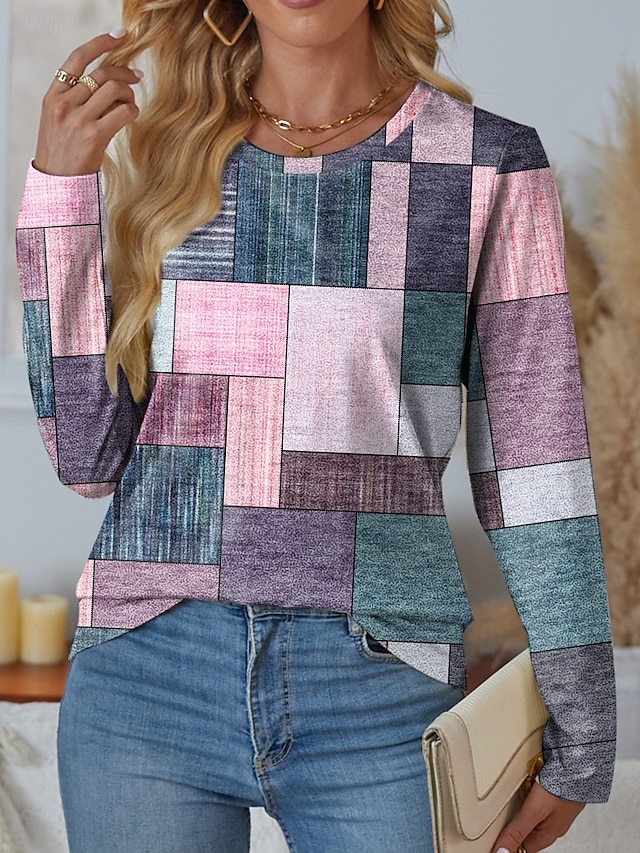  Women's T Shirt Fashion Floral Geometric Plaid Print Long Sleeve Regular Tops Round Neck Daily Weekend Pink Green Spring &  Fall