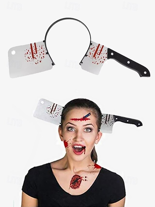  halloweenská čelenka s krvavým sekáčkem – děsivý doplněk hlavy nože pro halloweenské kostýmní party, cosplay a žerty