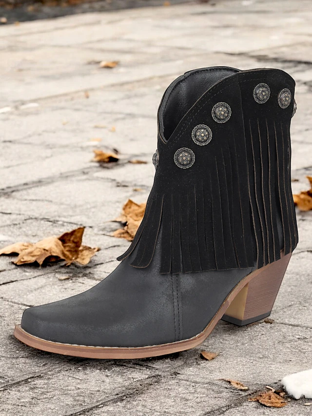 Women's Black Fringe Western Ankle Boots with Studded Accents – Vintage Style Cowgirl Booties for Casual and Festival Wear 9