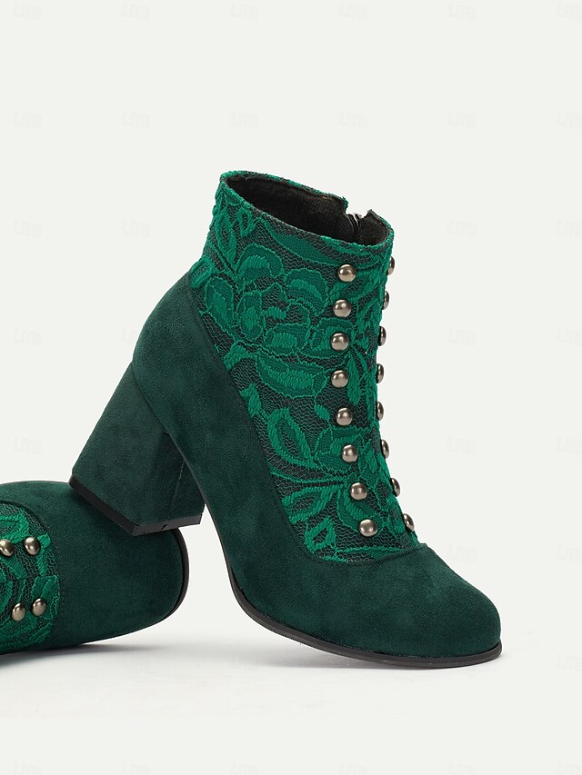  Botines de ante sintético verde para mujer con botón a presión, capa de encaje y cremallera lateral: diseño de inspiración vintage con tacón de bloque, perfectos para conjuntos elegantes y ocasiones especiales