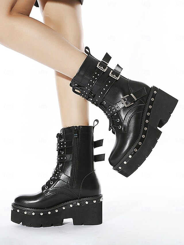 Women's Black Platform Combat Boots with Studded Buckle Straps, Punk Gothic Motorcycle Boots for Cosplay and Streetwear 17