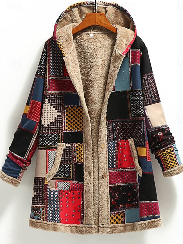 Women's Winter Coat Daily Spring Fall Winter Regular Coat Regular Fit Stylish Vintage Style Jacket Long Sleeve Print Color Block Print Red Green2