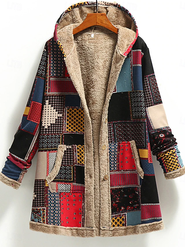 Women's Winter Coat Daily Spring Fall Winter Regular Coat Regular Fit Stylish Vintage Style Jacket Long Sleeve Print Color Block Print Red Green2