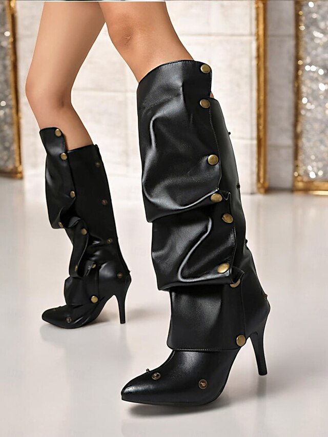 Women's Versatile Black Faux Leather High Heel Convertible Boots with Button Detailing – 2-in-1 Slouchy or Sleek Knee-High Design for Casual & Formal Occasions 11