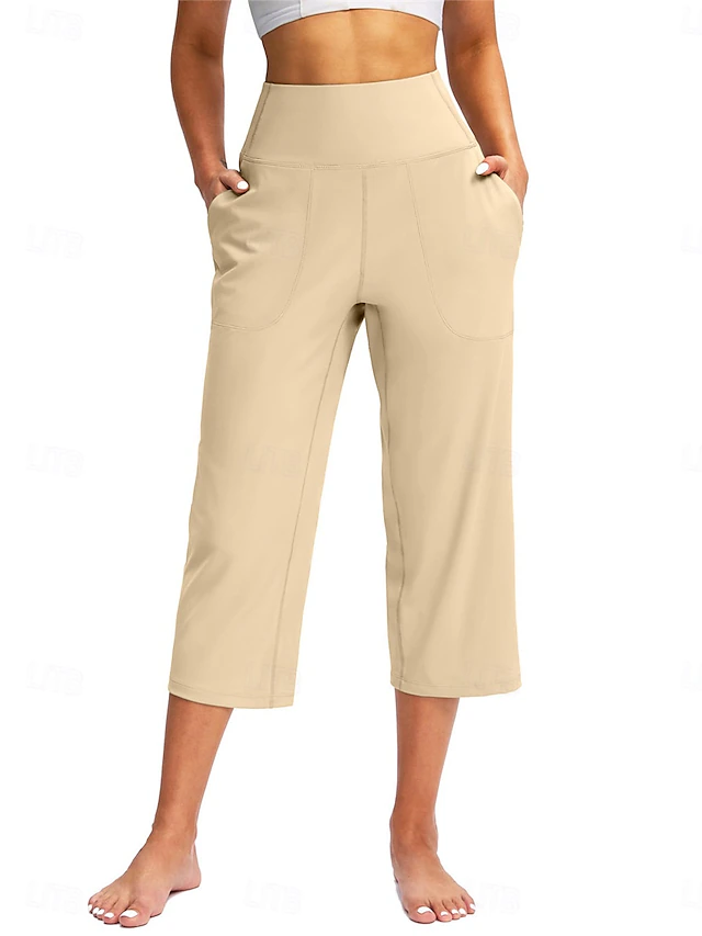 Women's Wide Leg Chinos Classic Style Calf-Length High Waist Plain Pocket Comfy Soft Comfortable Micro-elastic Yoga Casual Black White Apricot Coffee Spring & Fall Regular Fit 10
