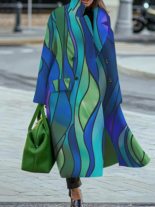 Women's Winter Coat Coat Cloak / Capes Windproof Warm Pocket Casual Street Style Color Block Vacation Work Street Daily Wear Single Breasted Turndown Loose Fit Long Sleeve Outerwear Blue Fall Winter2