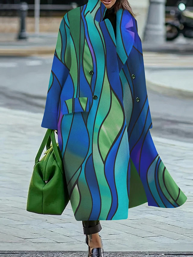 Women's Winter Coat Coat Cloak / Capes Windproof Warm Pocket Casual Street Style Color Block Vacation Work Street Daily Wear Single Breasted Turndown Loose Fit Long Sleeve Outerwear Blue Fall Winter2