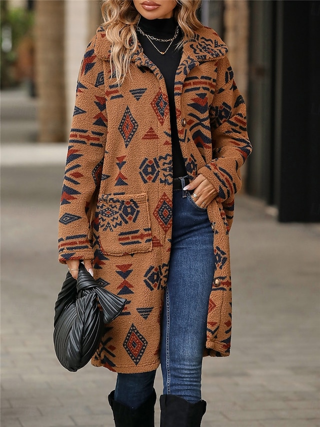  Damen Fleecejacke Teddy-Mantel warm halten Atmungsaktiv Knopf Tasche Innenfutter aus Fleece Vintage Brautkleider schlicht Geometrisch Urlaub Strasse Freizeitskleidung Ausgehen Einreihiger Verschluss