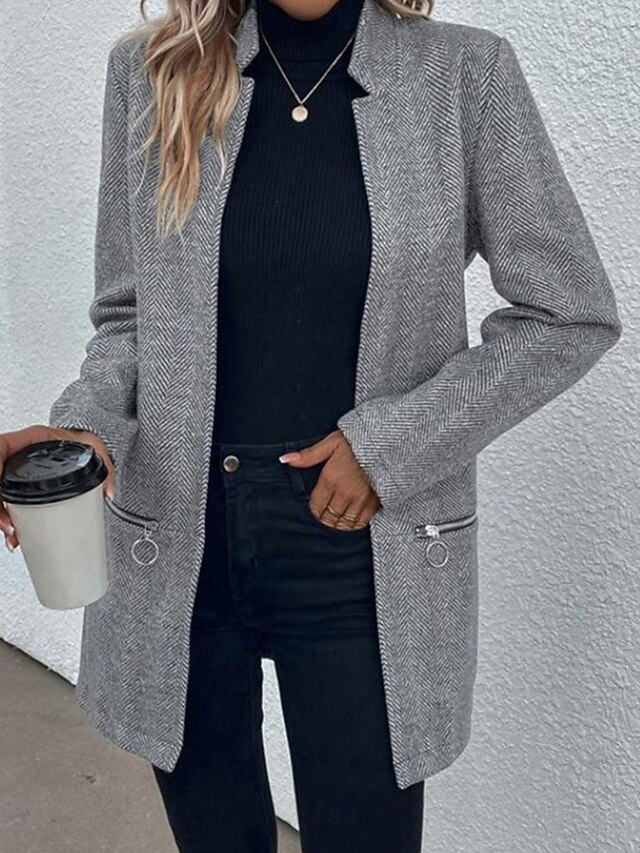 Women's Coat Work Pocket Zipper Solid Color Simple Outerwear Fall Gray4