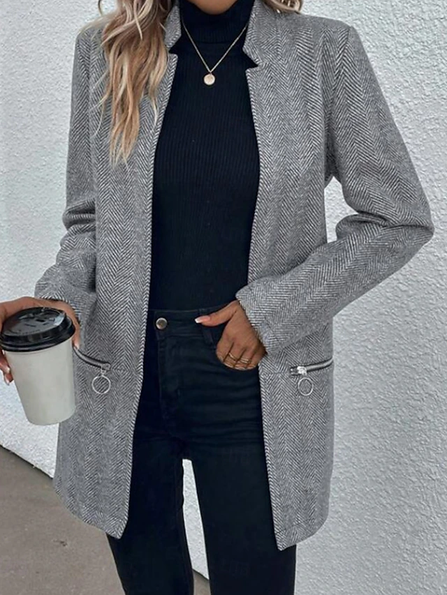 Women's Coat Work Pocket Zipper Solid Color Simple Outerwear Fall Gray4