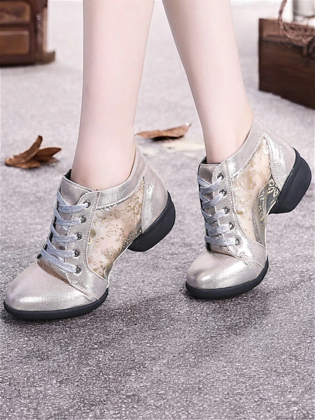 Women's Silver Lace-Up Dance Shoes with Mesh Floral Panels and Soft Sole, Ideal for Ballroom, Latin, and Jazz Dancing 10