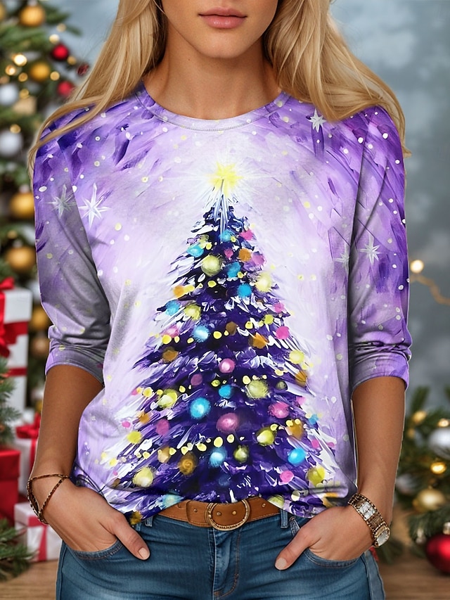 Women's Christmas Tree Print Long Sleeve TShirt Holiday Festive Purple