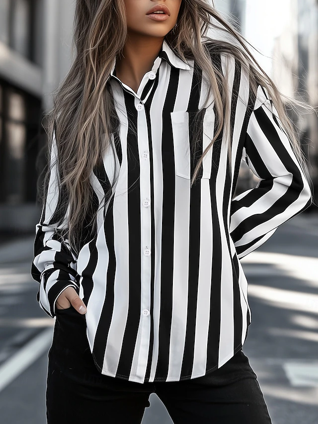 Women's Shirt Long Sleeve Button Down Blouse black and white striped shirt Work Elegant Stylish Modern Black Spring Fall4