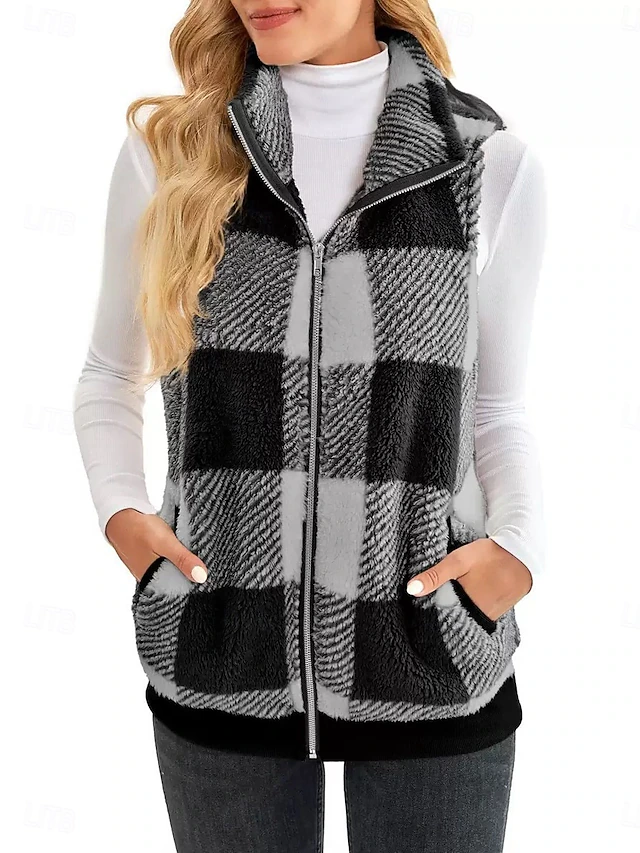 Women's Fleece Jacket Fleece Vest Teddy Coat Warm Breathable Zipper Pocket Fleece Lined Casual Plaid Vacation Street Daily Wear Going out Zipper Regular Stand Collar Regular Fit Sleeveless Outerwear 8