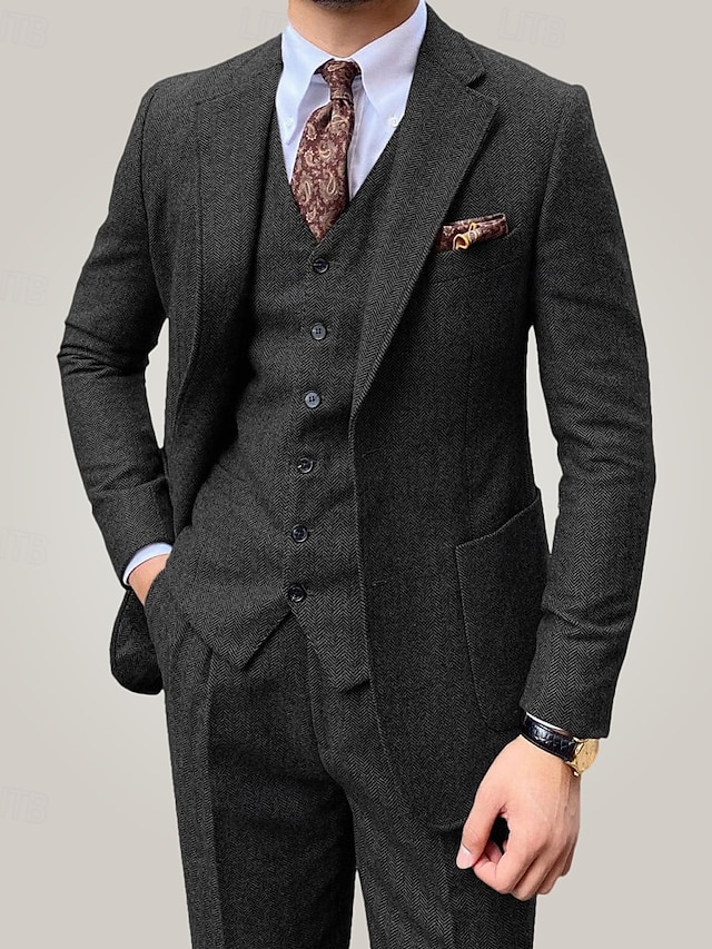  Men's Wedding Wedding Party Tweed Suits Brown Light Grey Retro Vintage Formal Herringbone Standard Fit 3 Piece Single Breasted Two-buttons