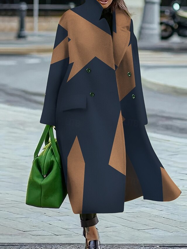 Women's Winter Coat Coat Cloak / Capes Windproof Warm Pocket Casual Street Style Color Block Vacation Work Street Daily Wear Single Breasted Turndown Loose Fit Long Sleeve Outerwear Blue Khaki Fall 10