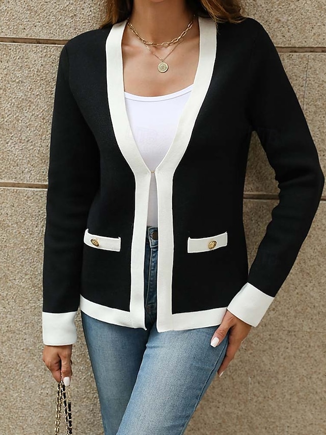  Damen Strickjacke Modisch Täglich Farbblock V Ausschnitt Strick Langarm Normale Oberteile Stricken Arbeit Weiß / Schwarz Intensives Rosa Herbst Winter