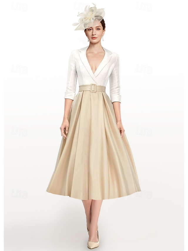  Vestido Mãe da Noiva A-Line Vestido Tuxedo Vestido Elegante Decote V Comprimento Chá Cetim Manga 3/4 com Pregas Cor Block Vestidos Derby 2025 tamanho personalizado grátis