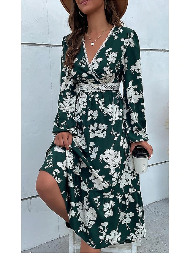 Women's Floral Lace Print V Neck Long Dress Maxi Dress Long Sleeve Spring Fall4