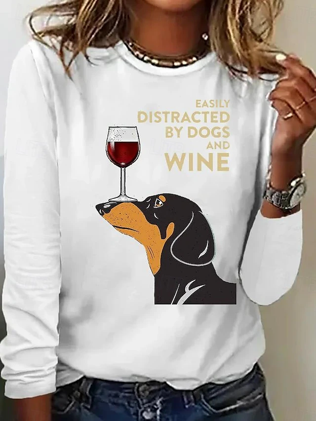 Women's 100% Cotton Tunic T Shirt Fashion Casual Print Long Sleeve Regular Tops Crew Neck Daily Black White Wine Gray Spring Fall 8