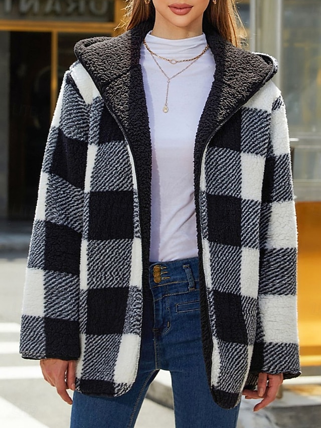  Per donna Giacca in pile Cappotto teddy Giacca con cappuccio Tenere al caldo Traspirante Tasche In pile Informale A quadri Da mare Strada Da tutti i giorni Per uscire Apertura anteriore Standard Felpa